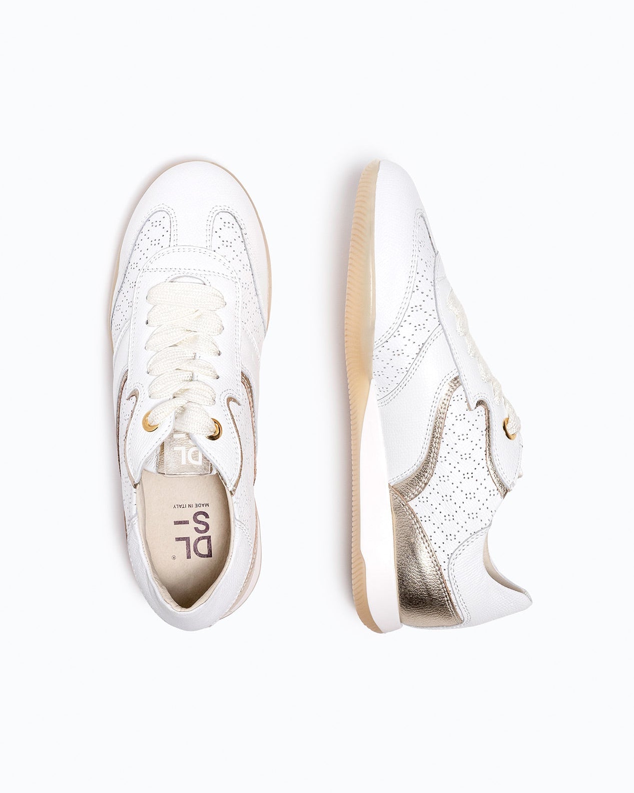 White, gold nappa leather DLS sneakers, shown in a studio still life.
