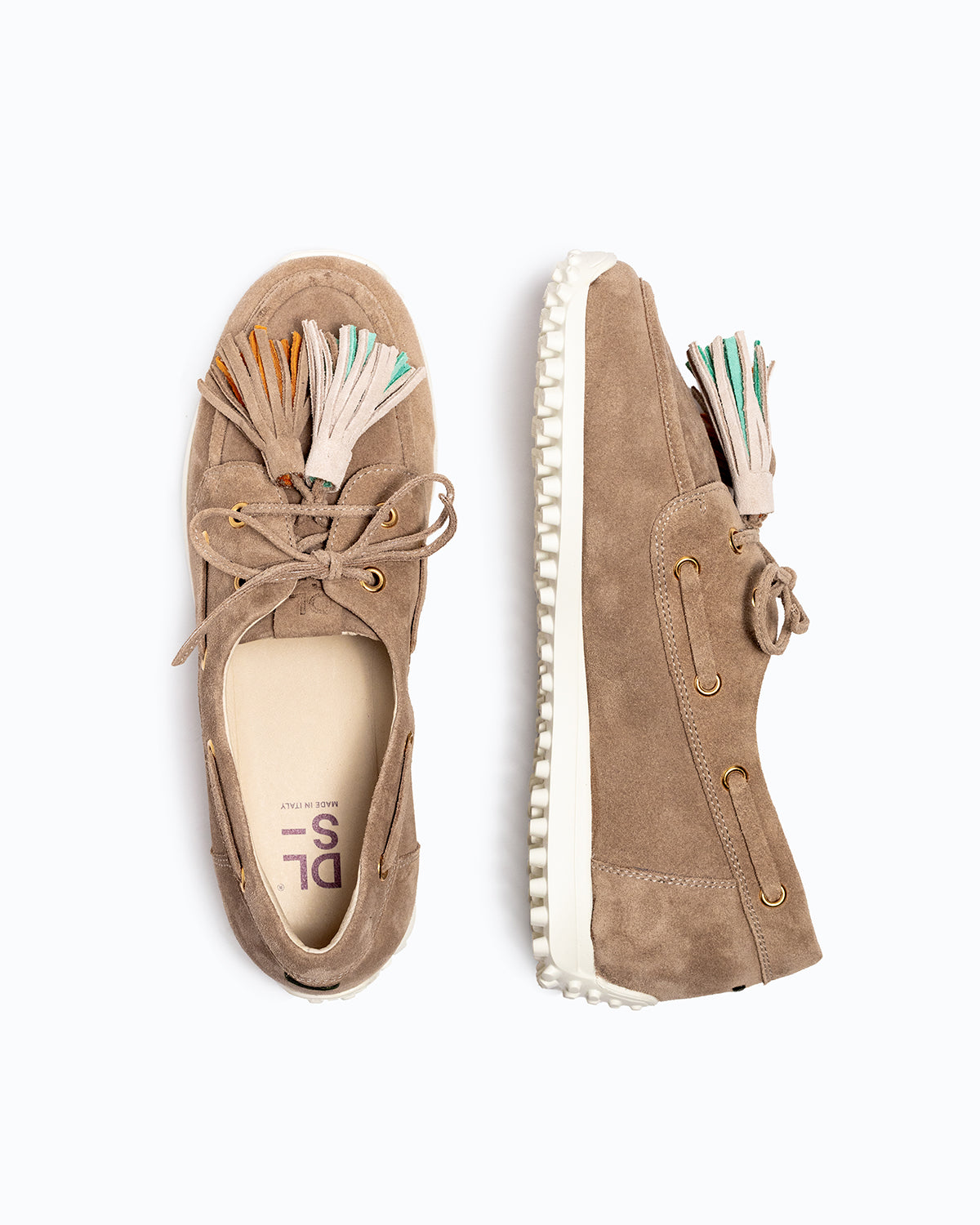 Grey, turquoise, orange velour DLS boat shoes, shown in a studio still life.